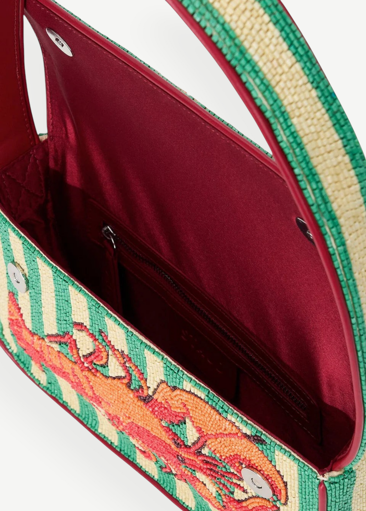 KABE SHOP INC Tommy shoulder bag featuring intricate green, cream, and orange beadwork with a deep red interior lining.