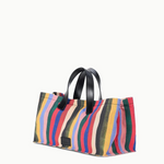 KABE SHOP INC Port tote bag in multi-colored striped canvas with black leather handles and a structured silhouette.