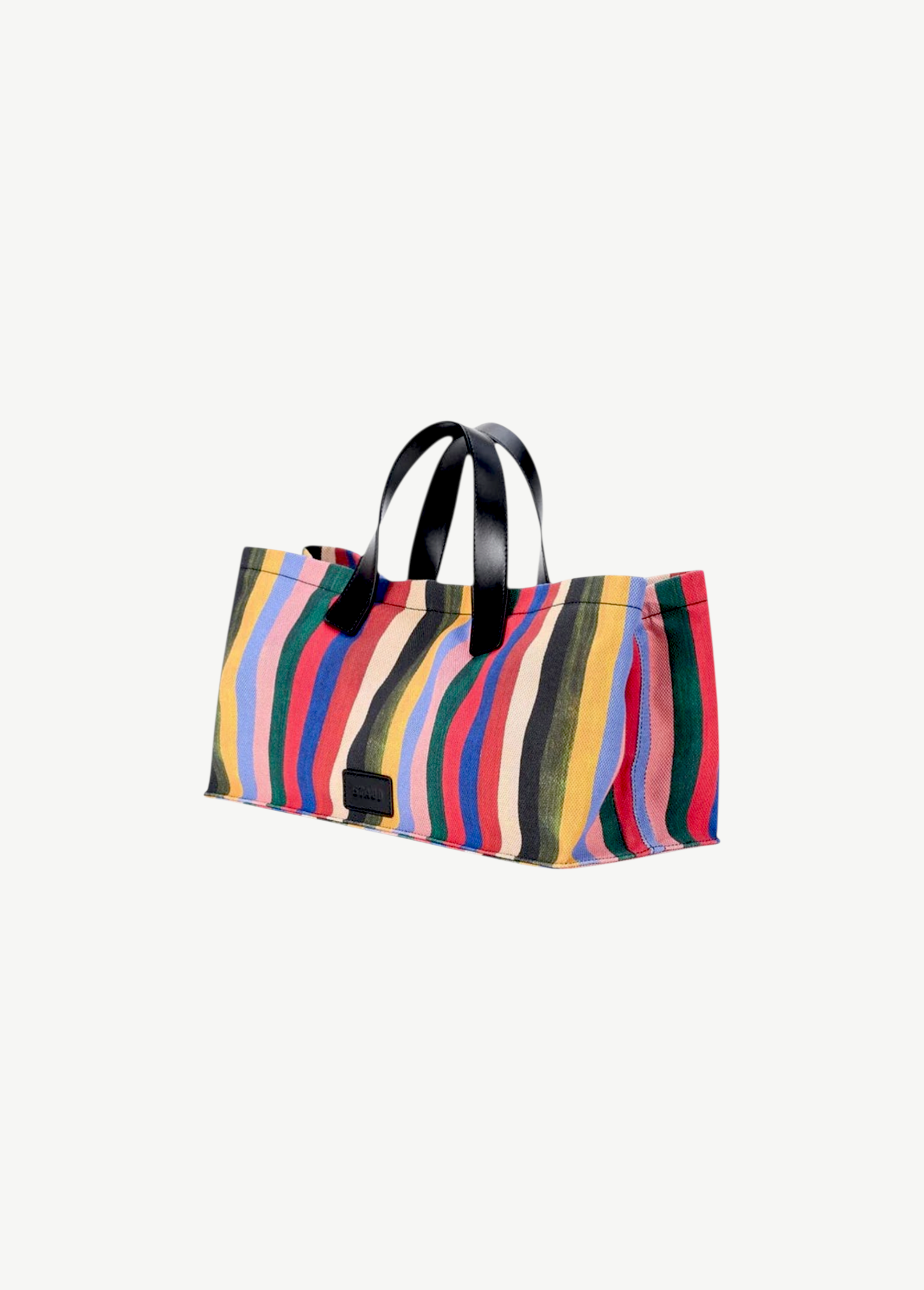 KABE SHOP INC Port tote bag in multi-colored striped canvas with black leather handles and a structured silhouette.