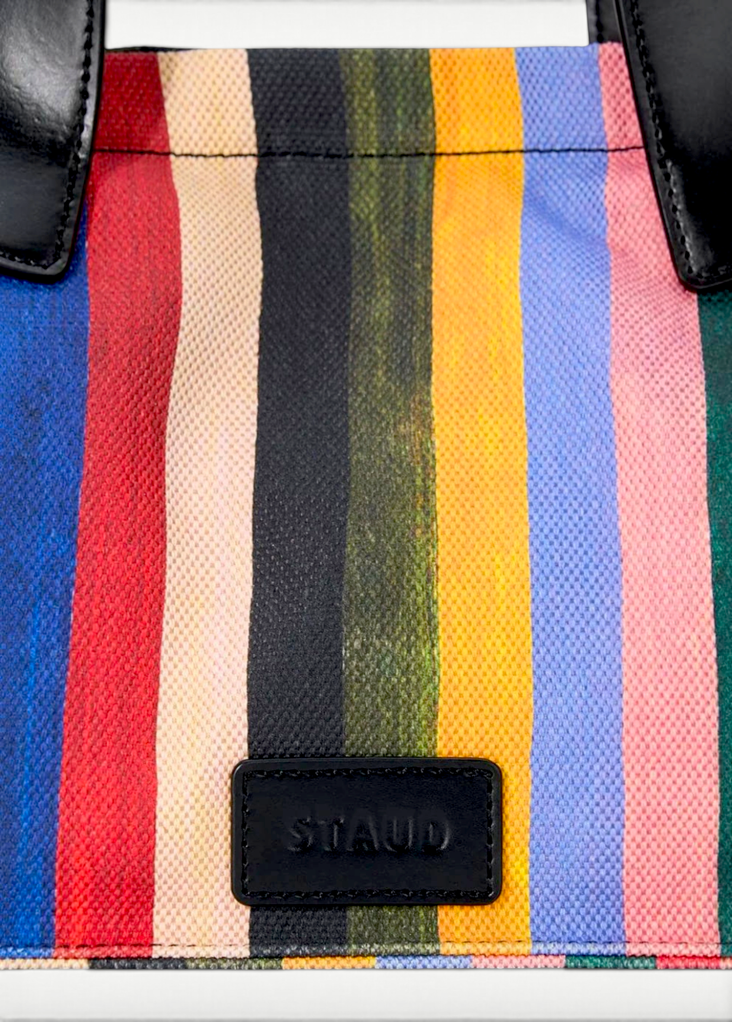 KABE SHOP INC Port tote bag in multi-colored vertical striped canvas with black leather trim and embossed logo patch