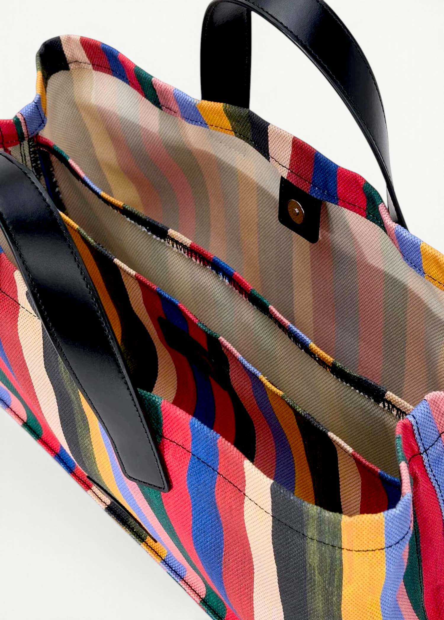 KABE SHOP INC Port structured tote bag in multi-colored striped canvas with black leather handles and interior