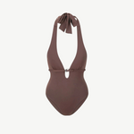 Brown La Jolla Swimwear one-piece swimsuit with a halter neck, deep neckline, and a silver metal ring detail at the center.