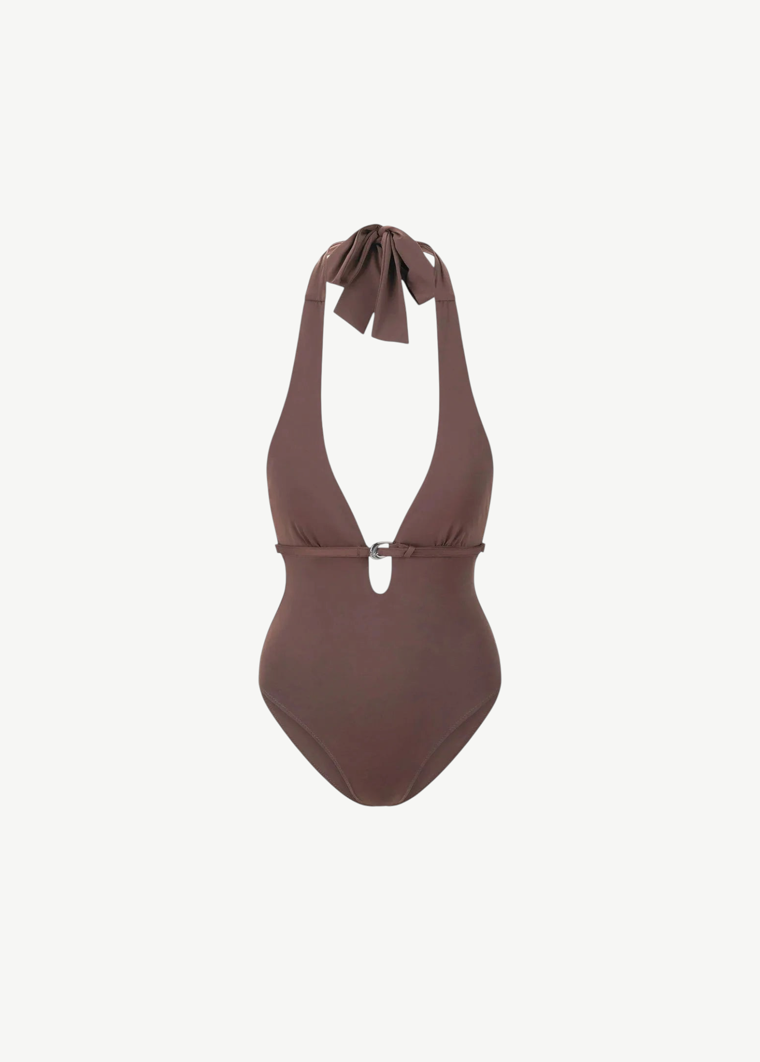 Brown La Jolla Swimwear one-piece swimsuit with a halter neck, deep neckline, and a silver metal ring detail at the center.