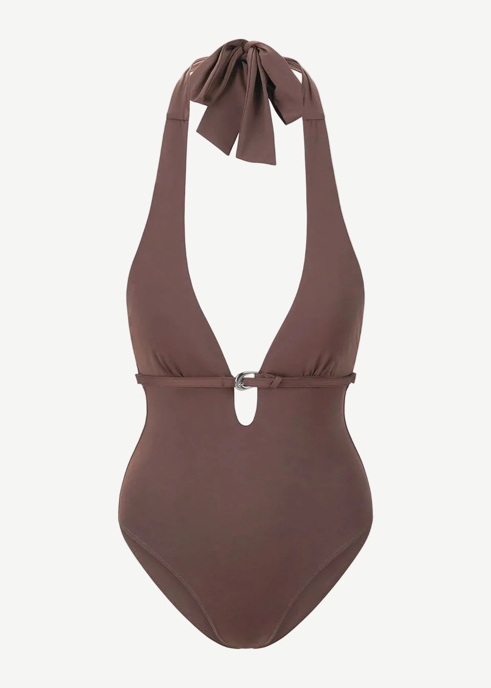Brown La Jolla Swimwear one-piece swimsuit with a halter neck, deep neckline, and a silver metal ring detail at the center.