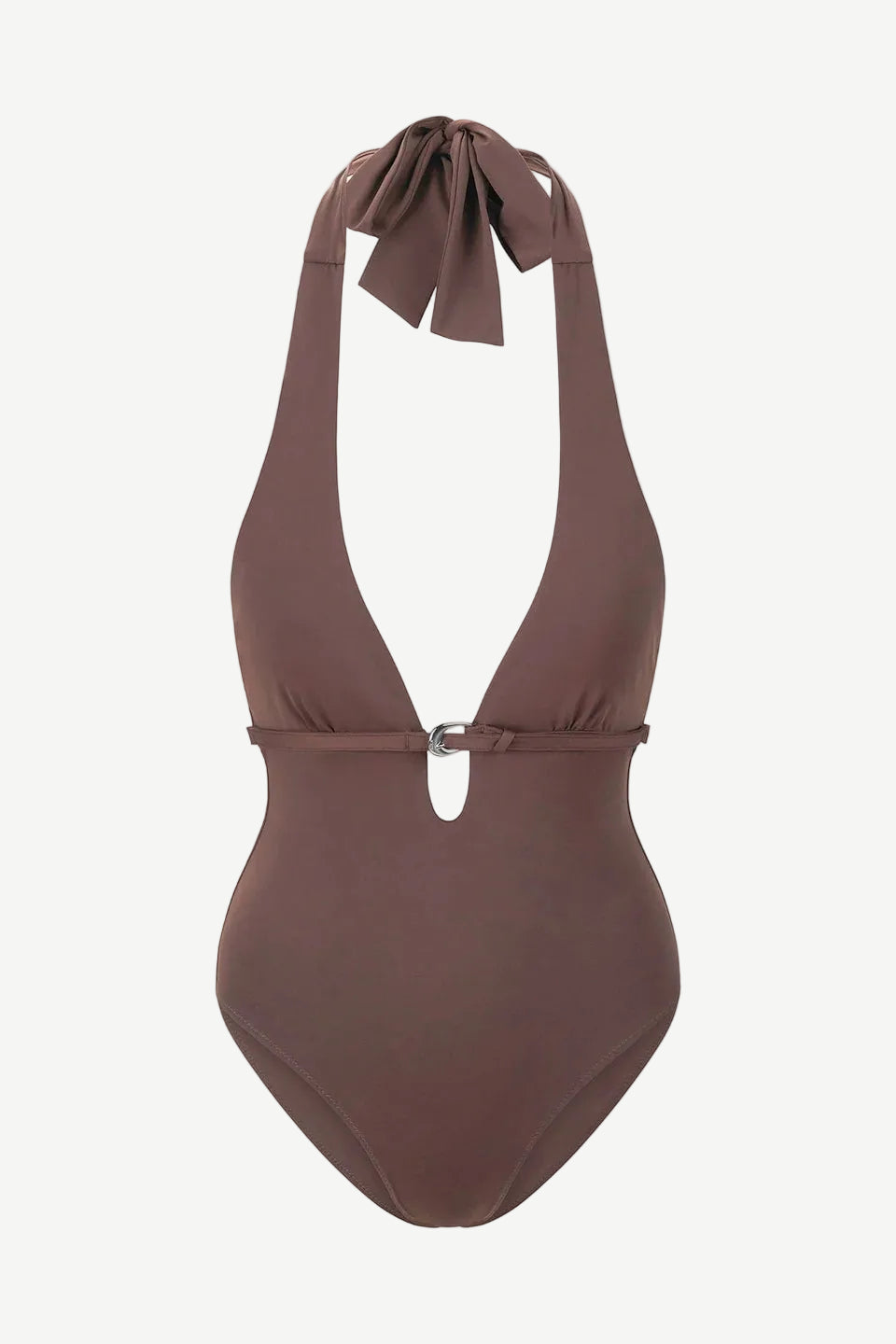 Brown La Jolla Swimwear one-piece swimsuit with a halter neck, deep neckline, and a silver metal ring detail at the center.