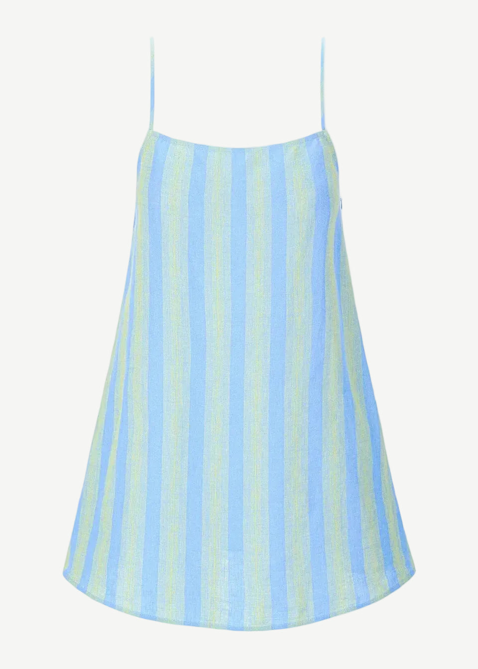 The Laura Mini Dress is a blue and light green striped mini dress with spaghetti straps, perfect for warm-weather dressing.
