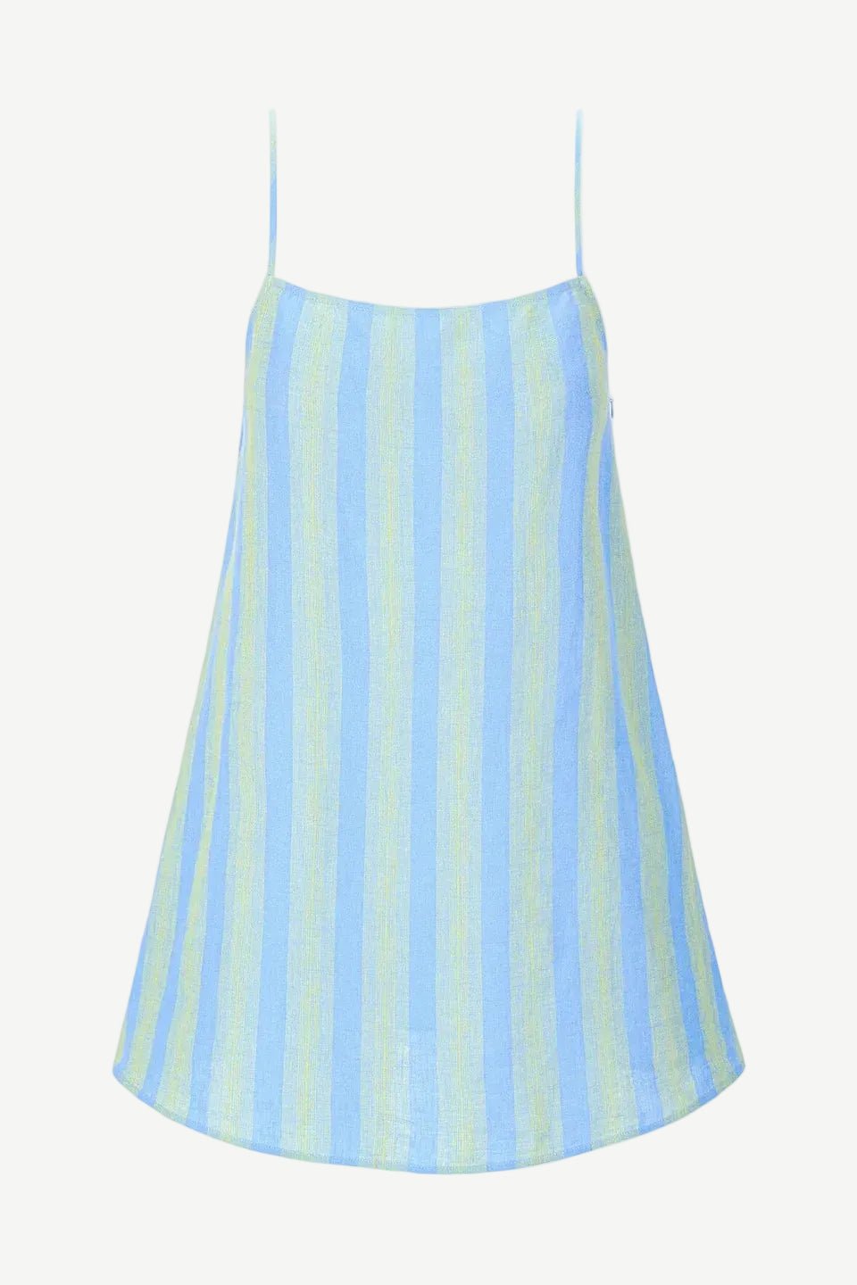 The Laura Mini Dress is a blue and light green striped mini dress with spaghetti straps, perfect for warm-weather dressing.