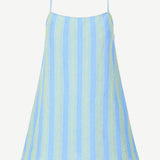 The Laura Mini Dress is a blue and light green striped mini dress with spaghetti straps, perfect for warm-weather dressing.