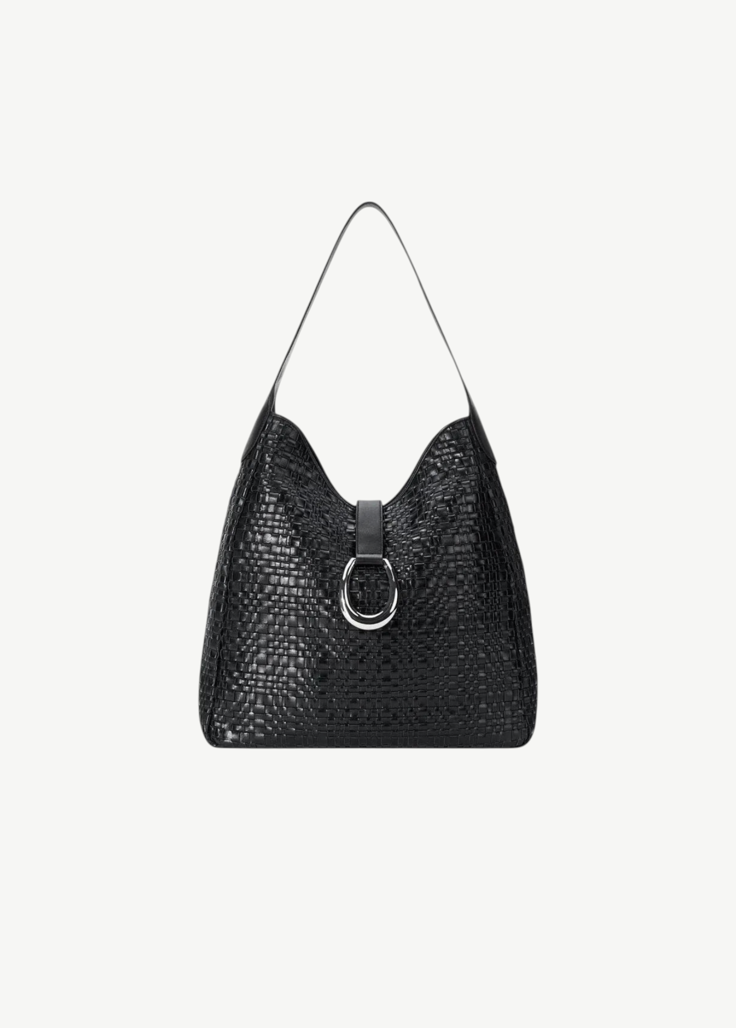 KABE SHOP INC Maya hobo bag in black woven leather with a silver metal buckle detail and relaxed silhouette.