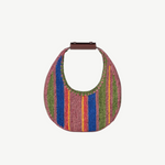 KABE SHOP INC Moon Tote bag featuring a round woven straw design with multi-coloured vertical stripes and brown handle