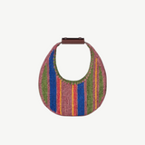 KABE SHOP INC Moon Tote bag featuring a round woven straw design with multi-coloured vertical stripes and brown handle