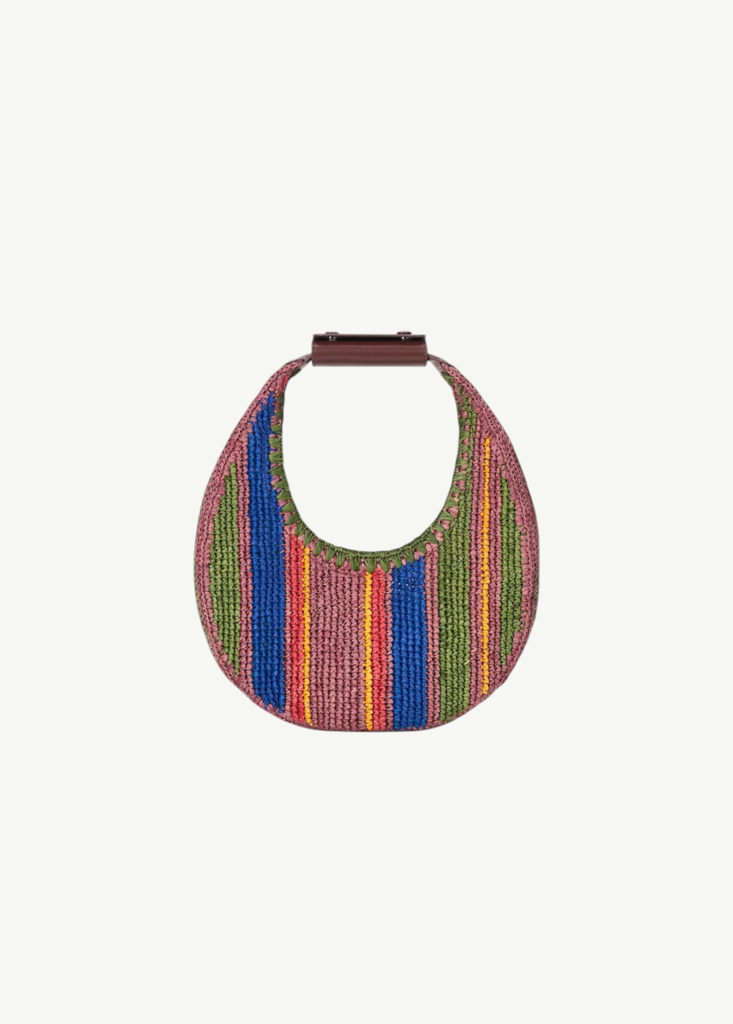 KABE SHOP INC Moon Tote bag featuring a round woven straw design with multi-coloured vertical stripes and brown handle