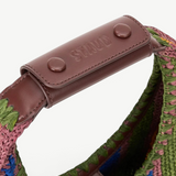 KABE SHOP INC Moon Tote bag featuring a multi-colored woven crochet design with brown leather handle detail.