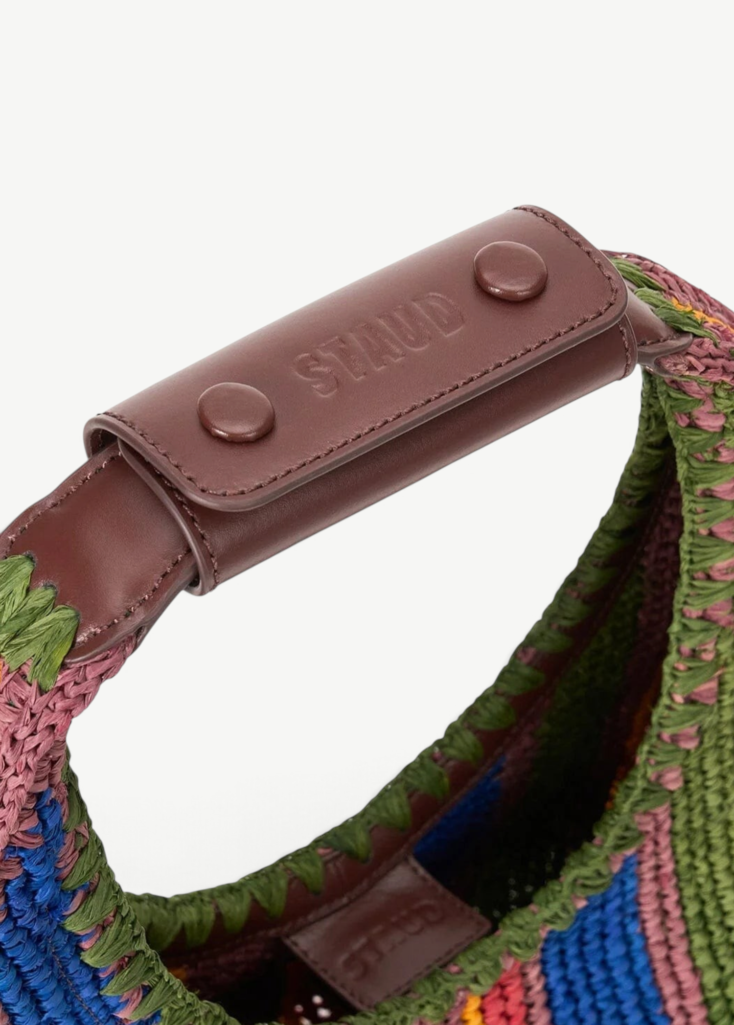 KABE SHOP INC Moon Tote bag featuring a multi-colored woven crochet design with brown leather handle detail.