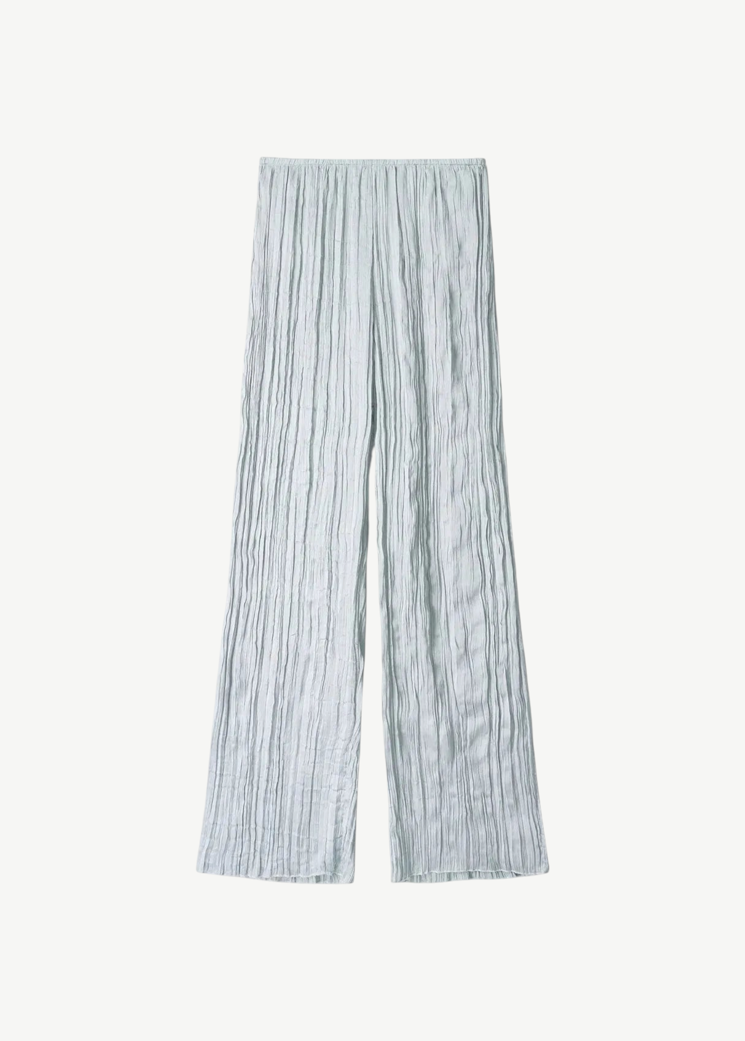 Light blue Nami Pant wide-leg trousers featuring a vertical crinkled texture and an elastic waistband for a relaxed silhouette.