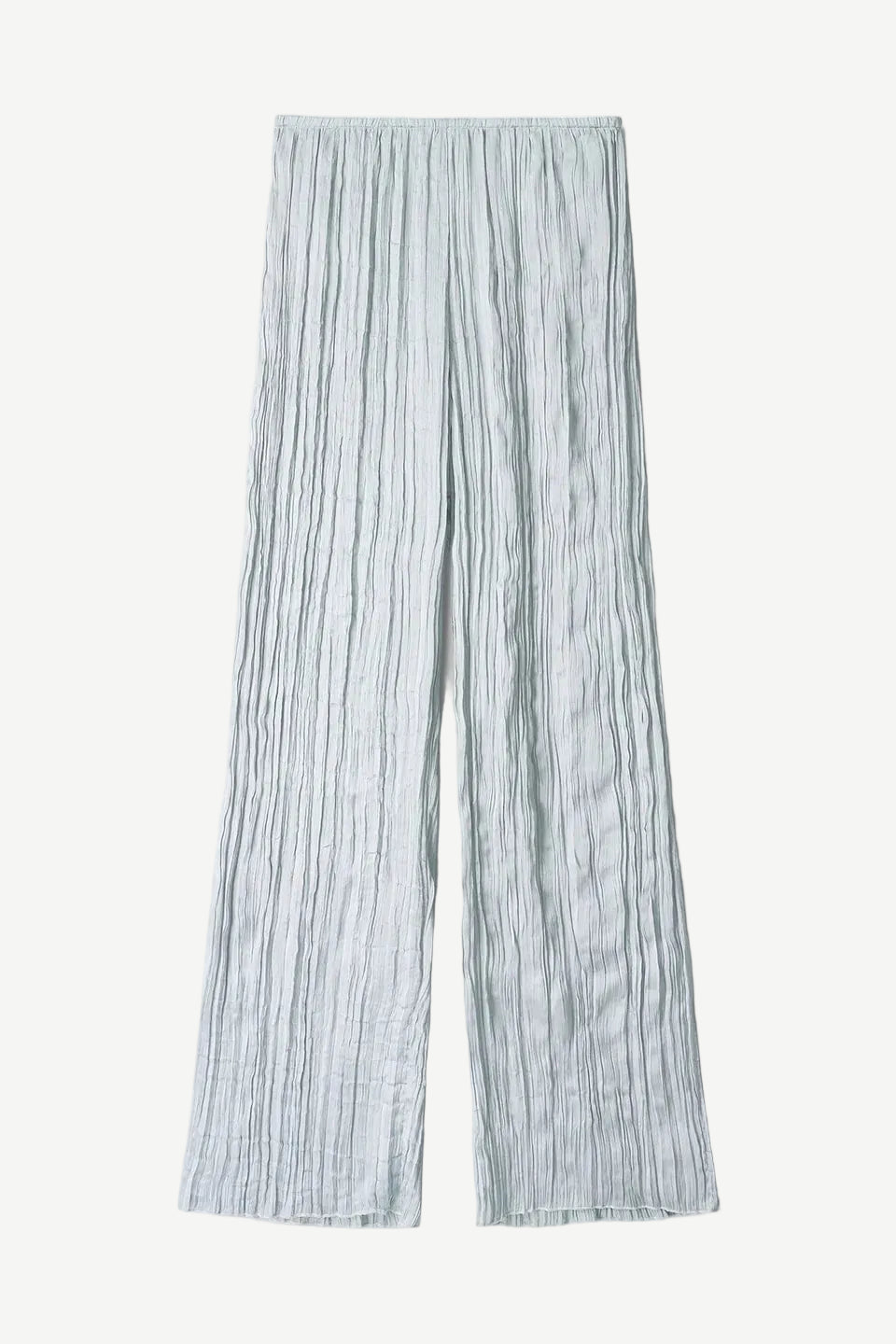 Light blue Nami Pant wide-leg trousers featuring a vertical crinkled texture and an elastic waistband for a relaxed silhouette.