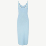 Light blue ribbed knit Neva Dress in a timeless style, featuring a scoop neckline embellished with a row of decorative white buttons.