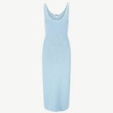 Light blue ribbed knit Neva Dress in a timeless style, featuring a scoop neckline embellished with a row of decorative white buttons.