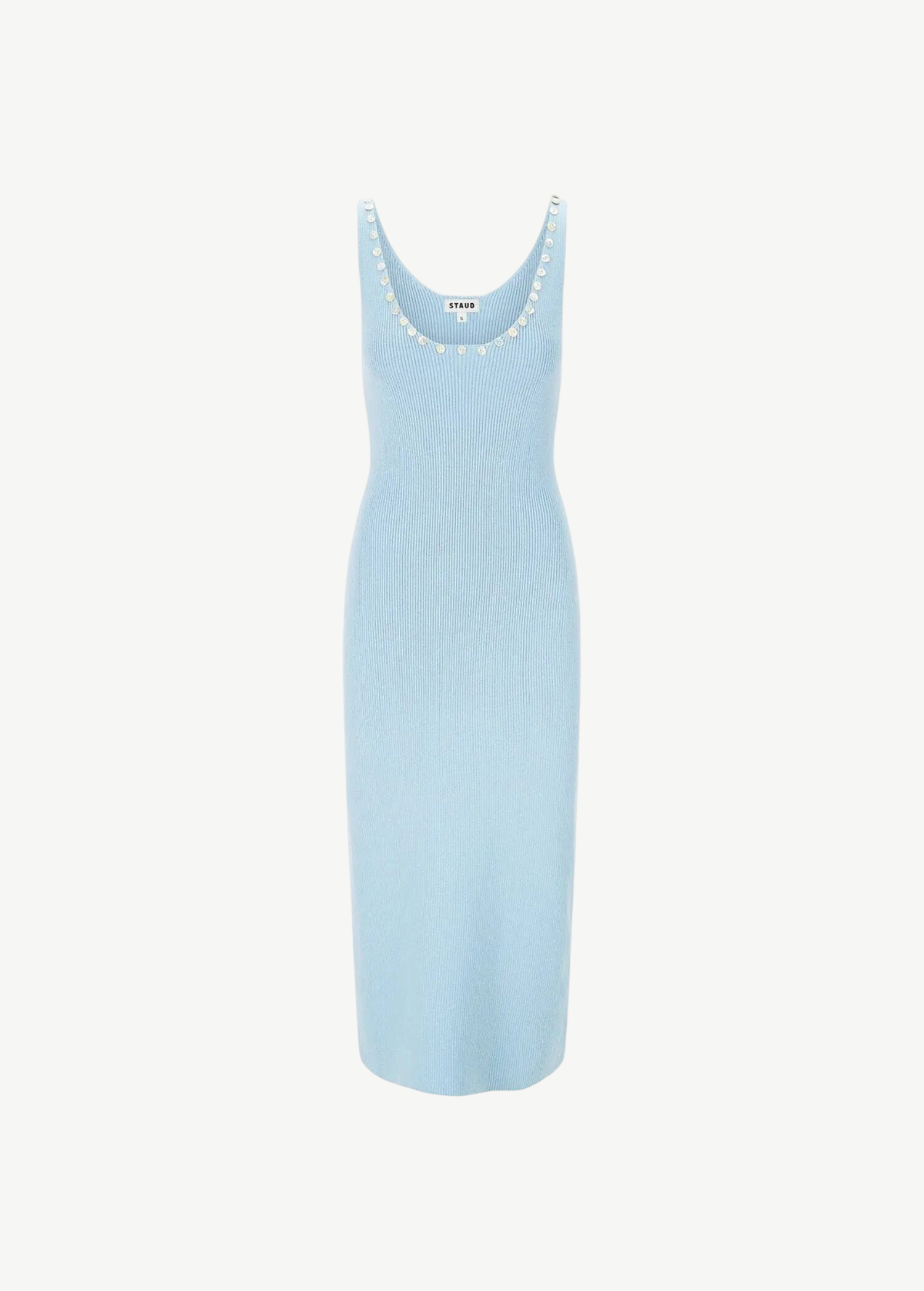 Light blue ribbed knit Neva Dress in a timeless style, featuring a scoop neckline embellished with a row of decorative white buttons.