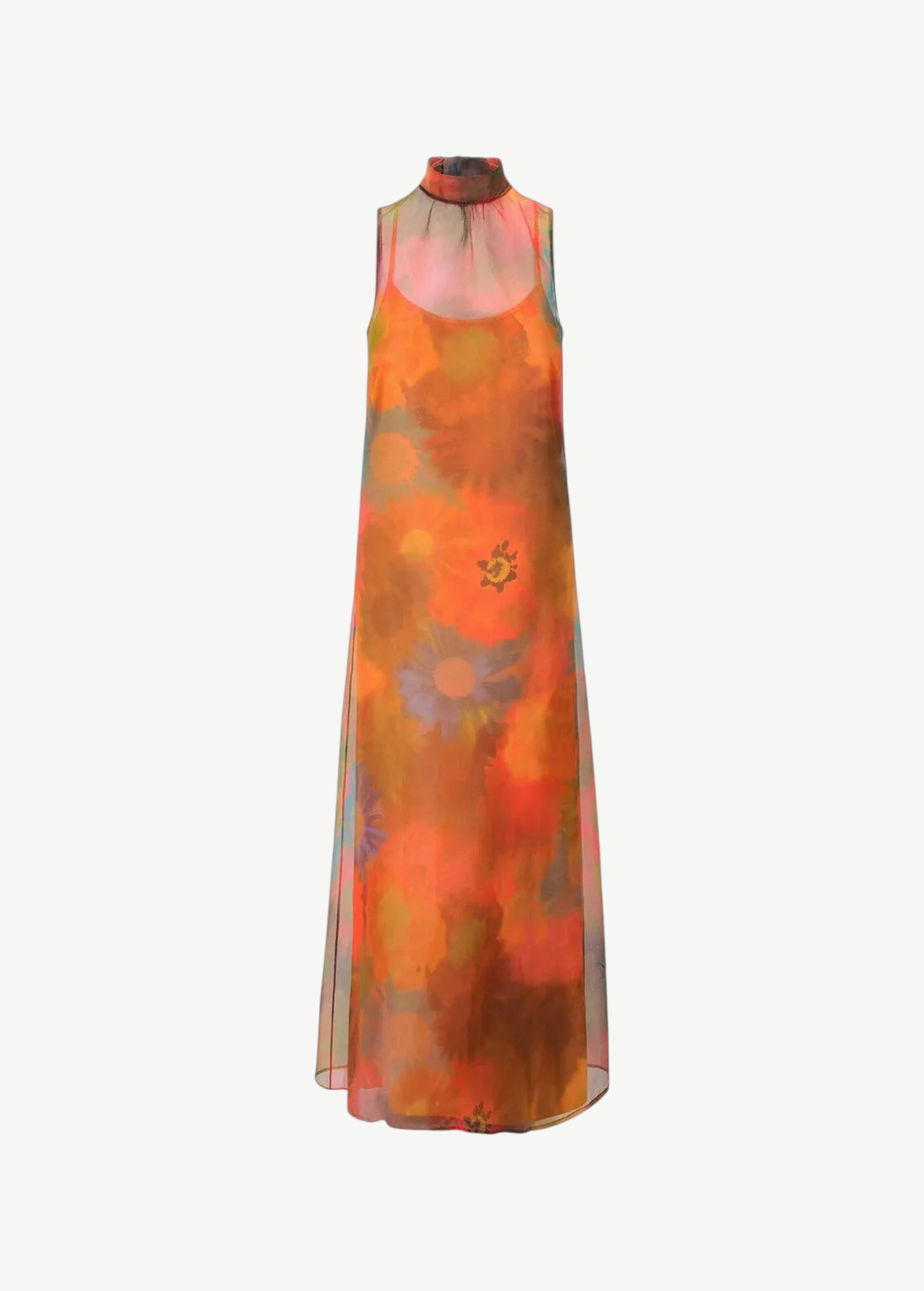 Albee Dress in a sleeveless, floor-length sheer silhouette with a high neckline and an abstract orange, yellow, and blue floral print.