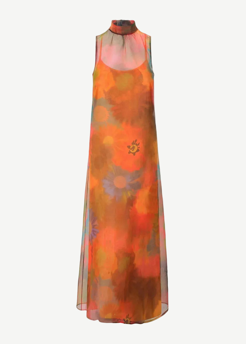 Albee Dress in a sleeveless, floor-length sheer silhouette with a high neckline and an abstract orange, yellow, and blue floral print.