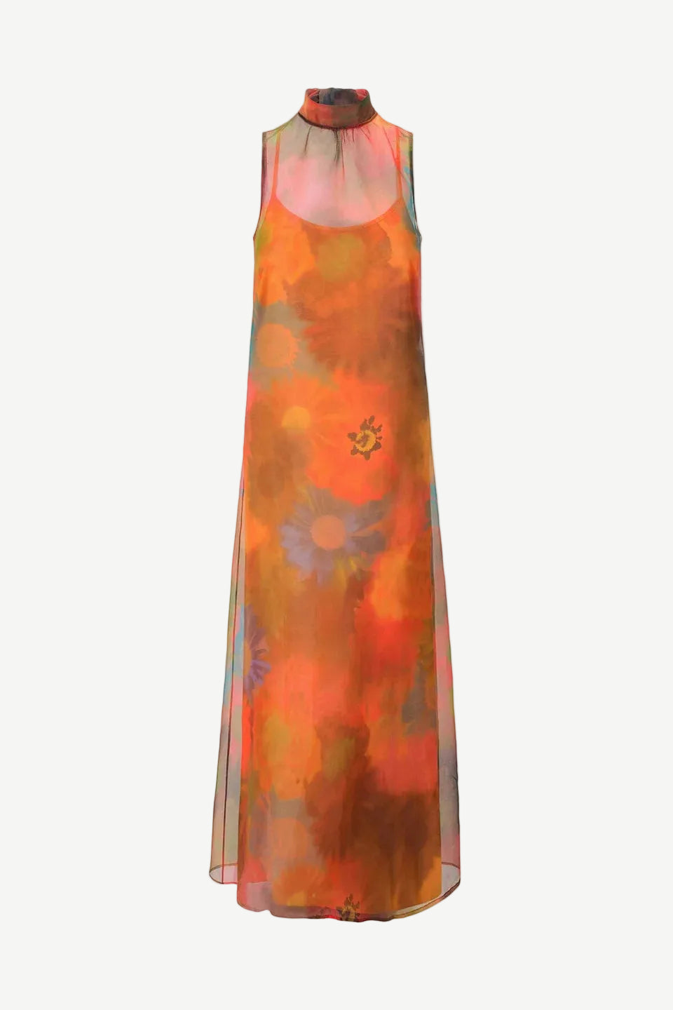 Albee Dress in a sleeveless, floor-length sheer silhouette with a high neckline and an abstract orange, yellow, and blue floral print.