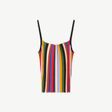 Skye Tank with a square neckline, black straps, and a vertical multicolored pleated stripe pattern.