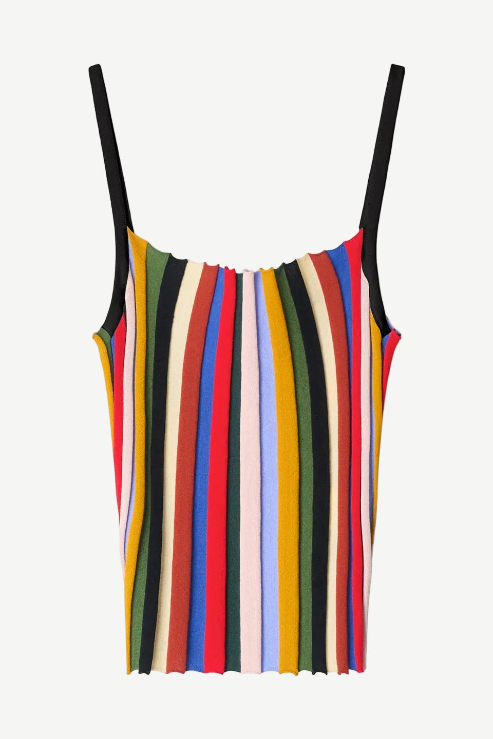 Skye Tank with a square neckline, black straps, and a vertical multicolored pleated stripe pattern.