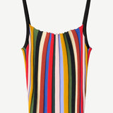 Skye Tank with a square neckline, black straps, and a vertical multicolored pleated stripe pattern.