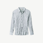 Light blue long-sleeved Suki Shirt with a crinkled texture and a thin drawstring waist tie.