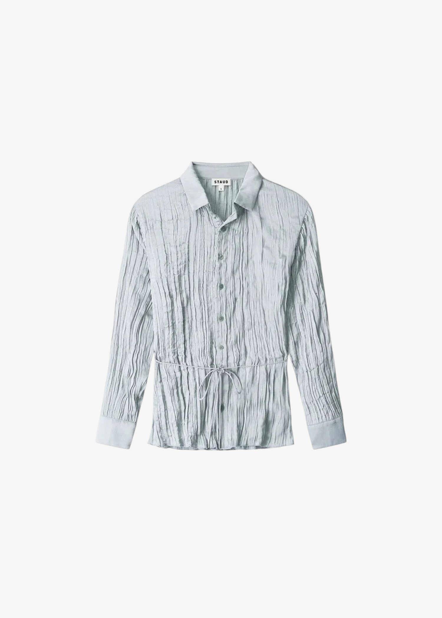 Light blue long-sleeved Suki Shirt with a crinkled texture and a thin drawstring waist tie.