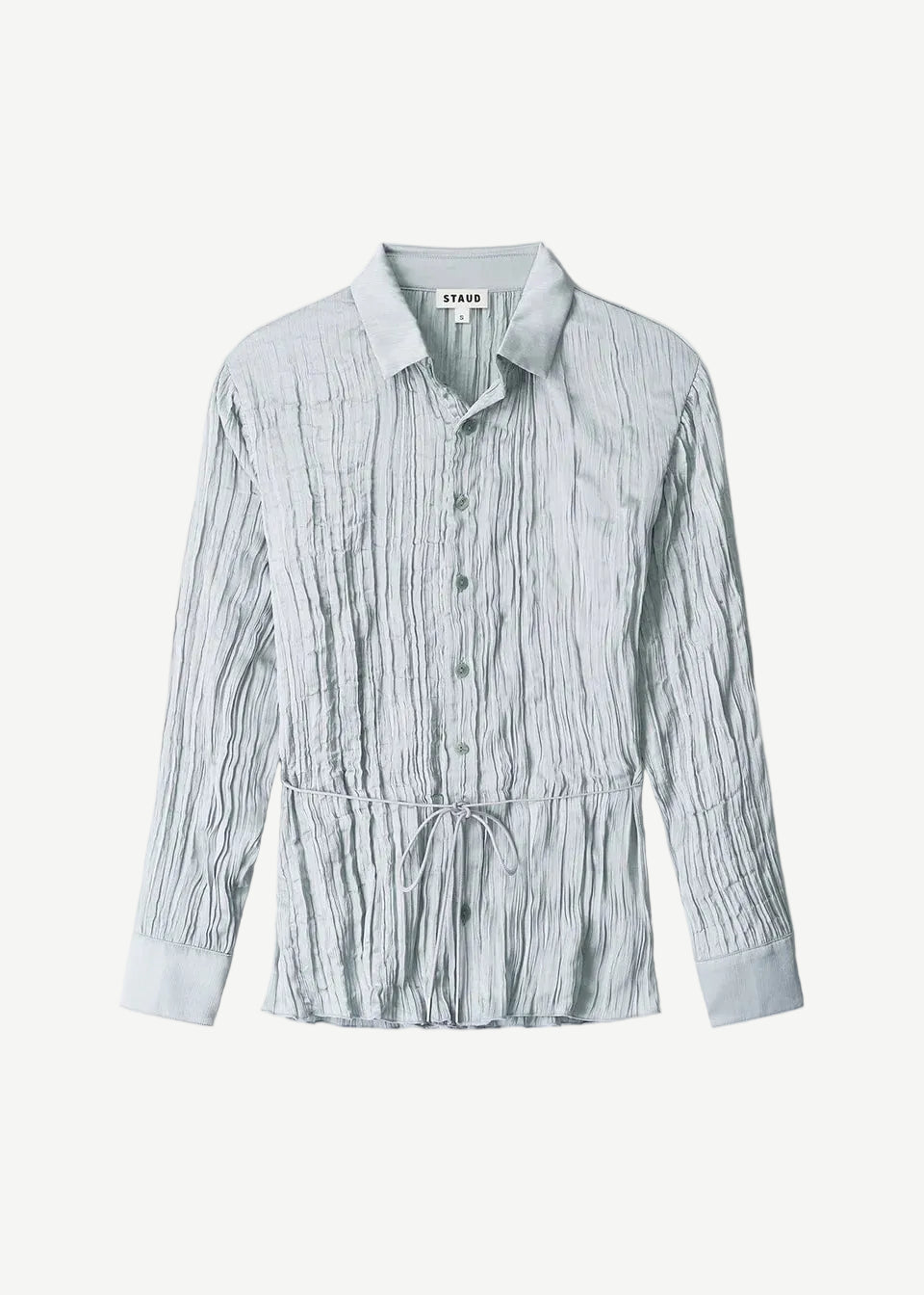 Light blue long-sleeved Suki Shirt with a crinkled texture and a thin drawstring waist tie.
