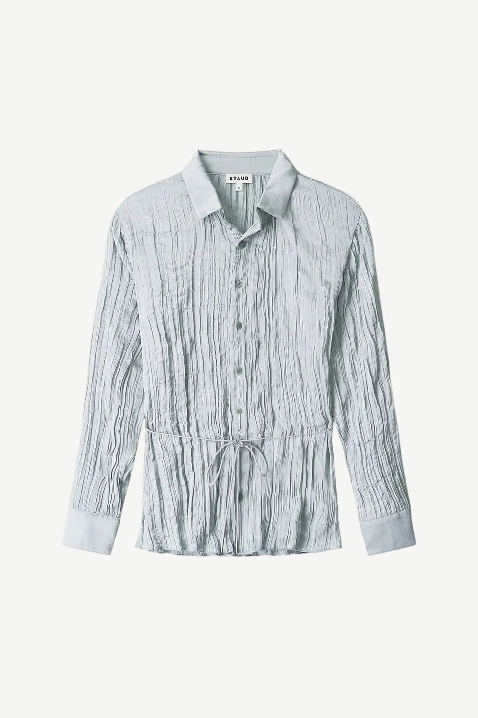 Light blue long-sleeved Suki Shirt with a crinkled texture and a thin drawstring waist tie.