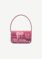 KABE SHOP INC Tommy beaded shoulder bag in pink with a California-inspired palm tree landscape print.