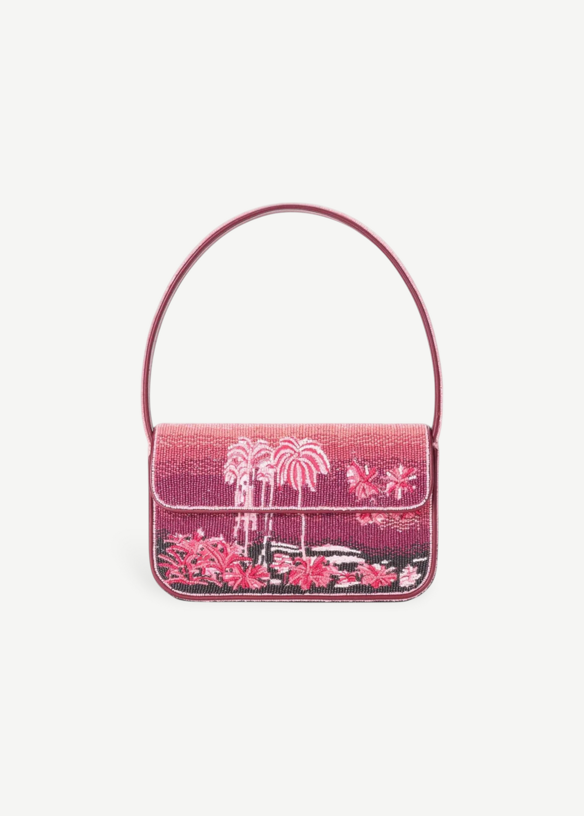 KABE SHOP INC Tommy beaded shoulder bag in pink with a California-inspired palm tree landscape print.
