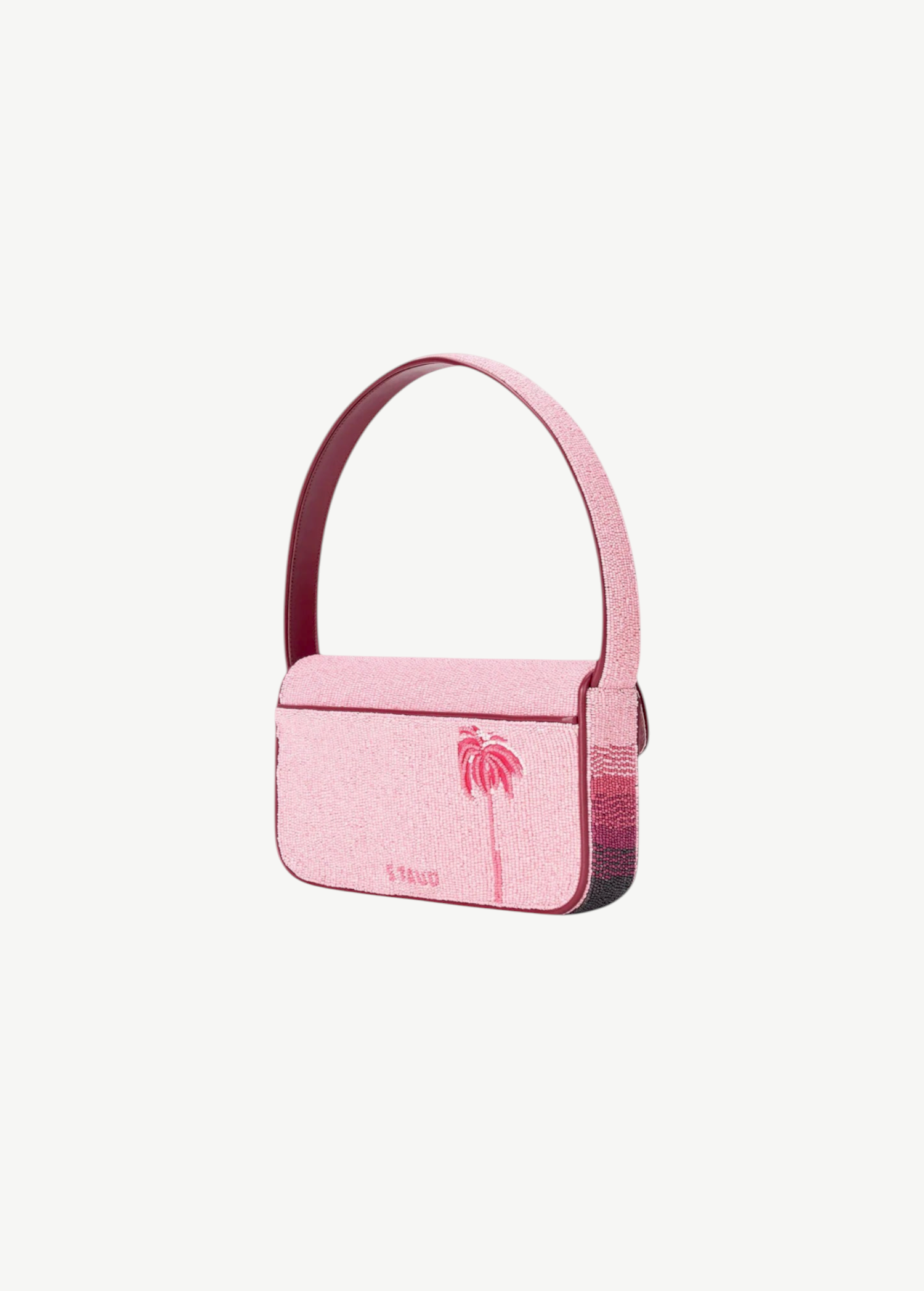 KABE SHOP INC Tommy beaded shoulder bag in pink with a palm tree design and dark red leather trim