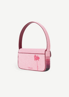 KABE SHOP INC Tommy beaded shoulder bag in pink with a palm tree design and dark red leather trim