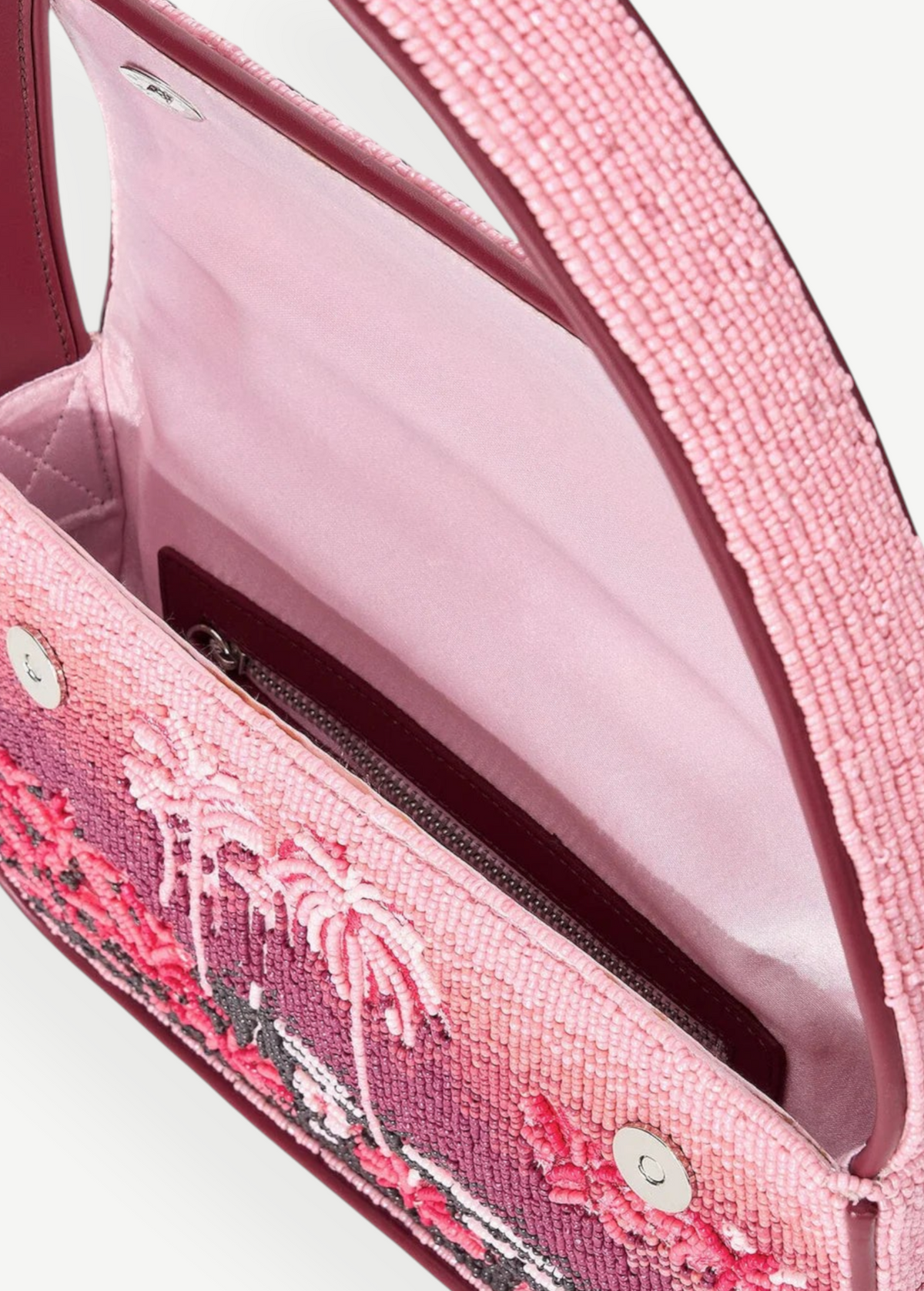 KABE SHOP INC Tommy beaded handbag in pink with California-inspired palm tree print and magnetic closure