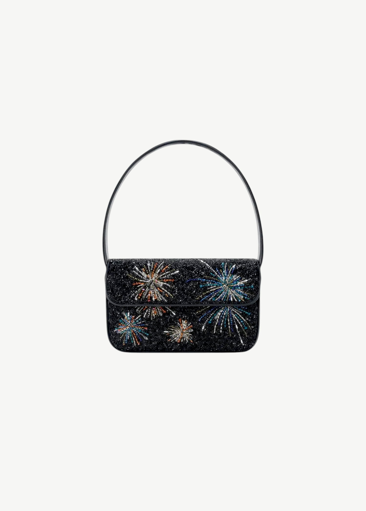 KABE SHOP INC Tommy shoulder bag in black featuring a vibrant firework-inspired beaded pattern.