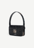 KABE SHOP INC Tommy shoulder bag in black with intricate multi-colored beaded firework patterns and a top handle.