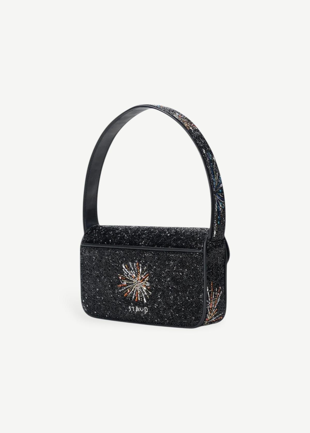 KABE SHOP INC Tommy shoulder bag in black with intricate multi-colored beaded firework patterns and a top handle.