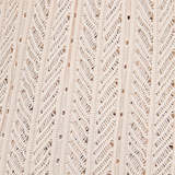 Close-up of the Charlene Top, a cream-colored cropped knit top with a vertical chevron crochet pattern.