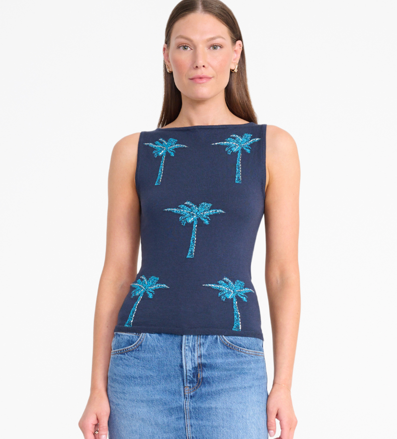 Arden Top: a navy blue sleeveless sweater featuring a shimmering, beaded palm tree pattern in blue sequins, a perfect warm-weather essential.