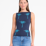 Arden Top: a navy blue sleeveless sweater featuring a shimmering, beaded palm tree pattern in blue sequins, a perfect warm-weather essential.