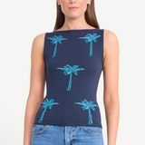 Arden Top: a navy blue sleeveless sweater featuring a shimmering, beaded palm tree pattern in blue sequins, a perfect warm-weather essential.