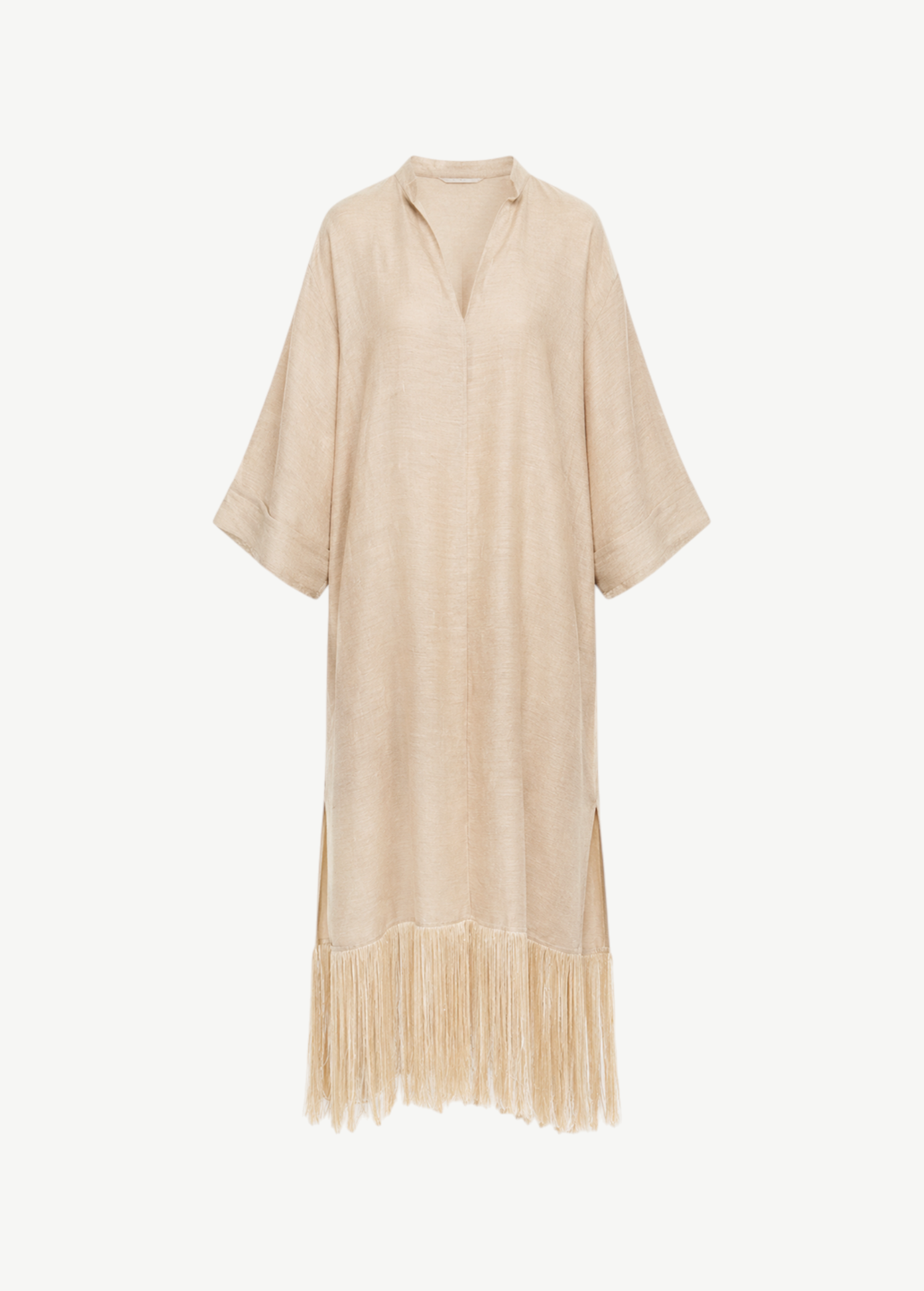 KABE SHOP INC Tigris ecru linen-blend gown with a loose silhouette, wide sleeves, and dramatic fringe hem detail.
