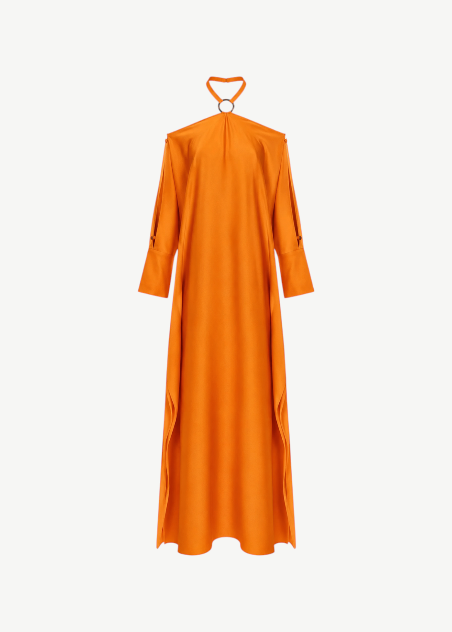 KABE SHOP INC Volturno kaftan in vibrant orange with off-shoulder halterneck, flowing sleeves, and ring embellishments