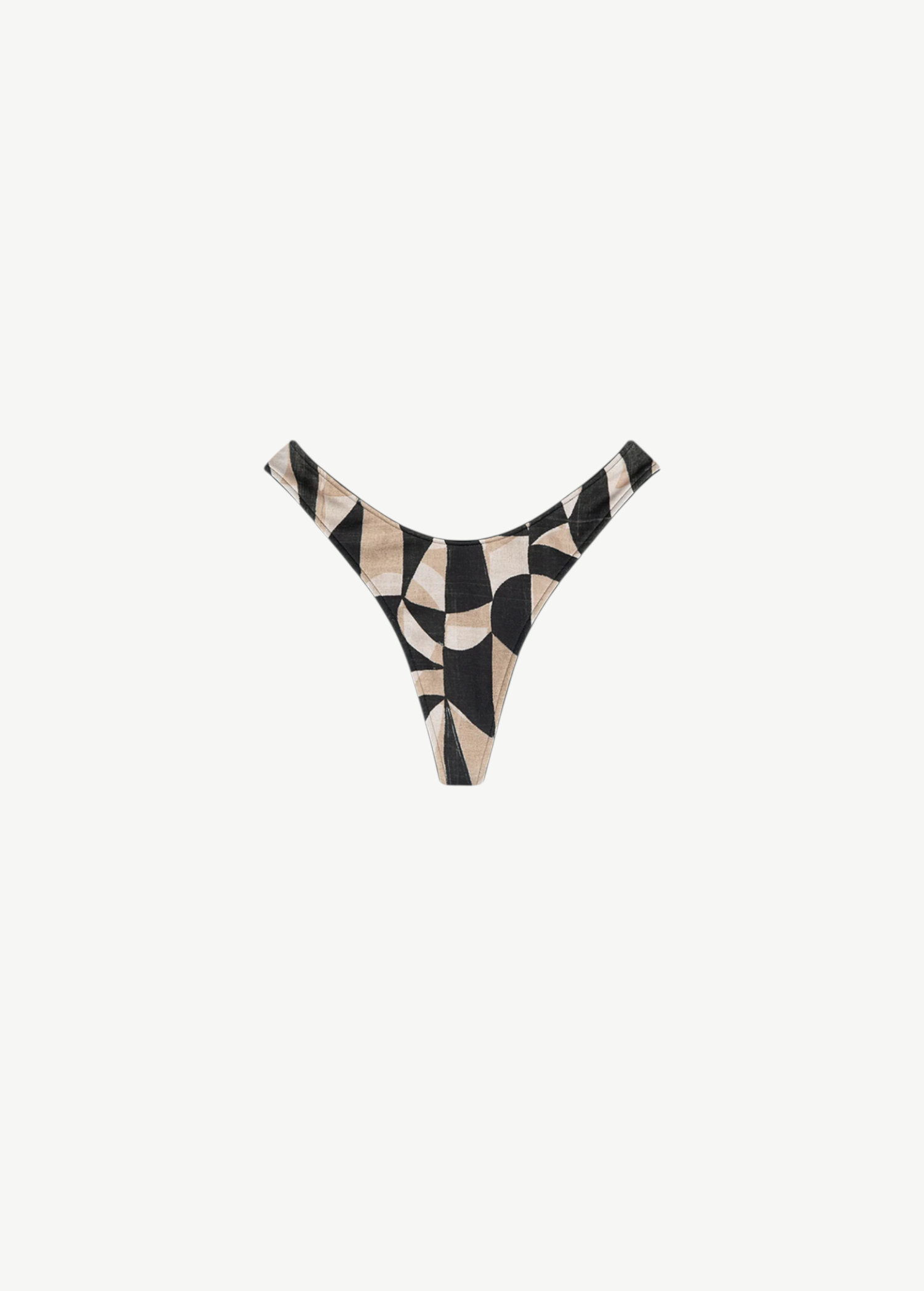 KABE SHOP INC Mosaic Curve thong brief with a hand-painted geometric print, high-cut hips, and black piping detail.