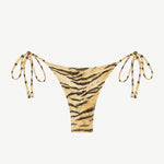 Praia Bottom bikini with a tiger print and adjustable side ties, crafted from recycled nylon and displayed on a white background.