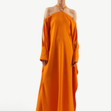 KABE SHOP INC Volturno kaftan in vibrant orange with off-shoulder halterneck, flowing sleeves, and ring details.